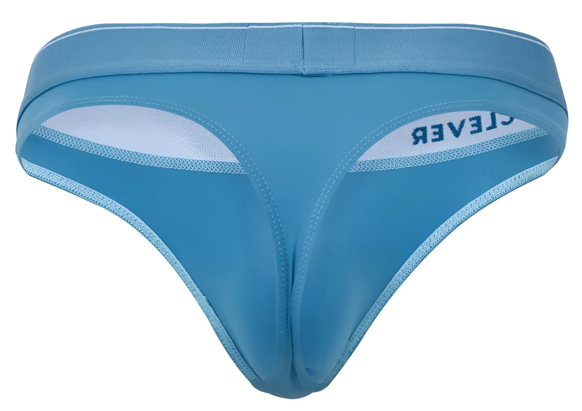 Light blue clever 2044 mendoza thong with white trim and clever branding on the waistband front view