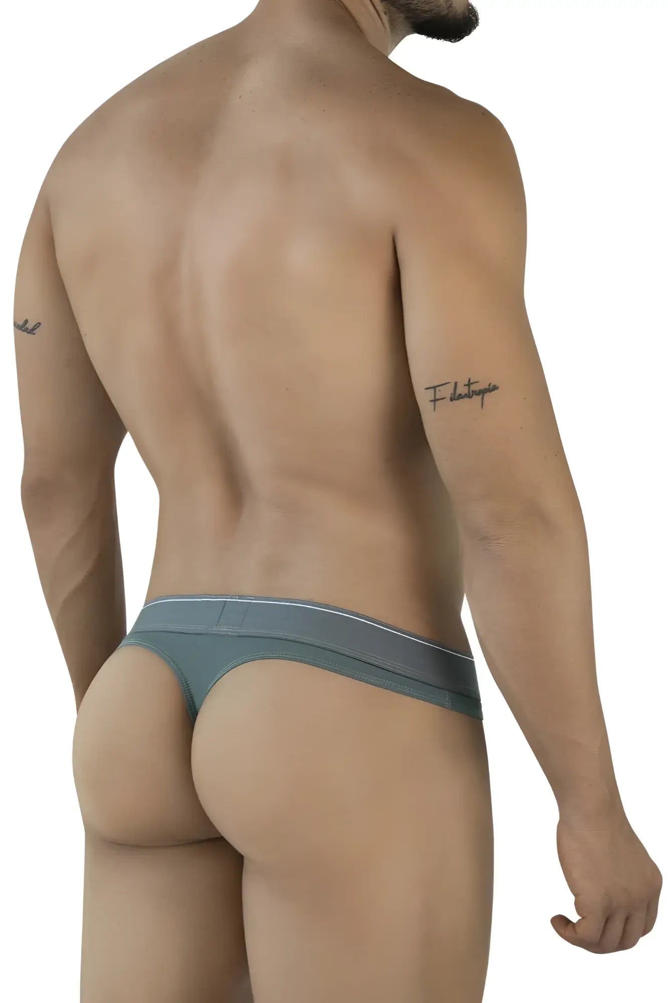 Gray clever 2044 mendoza thong with white trim showing back side in green color and soft fabric material