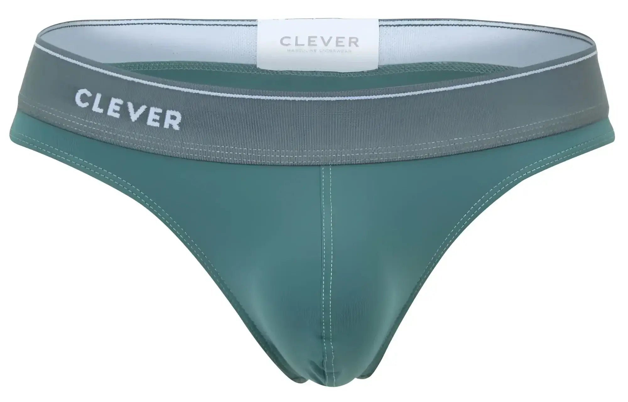 Teal seamless briefs with gray waistband and white clever branding in clever 2044 mendoza thongs color green product