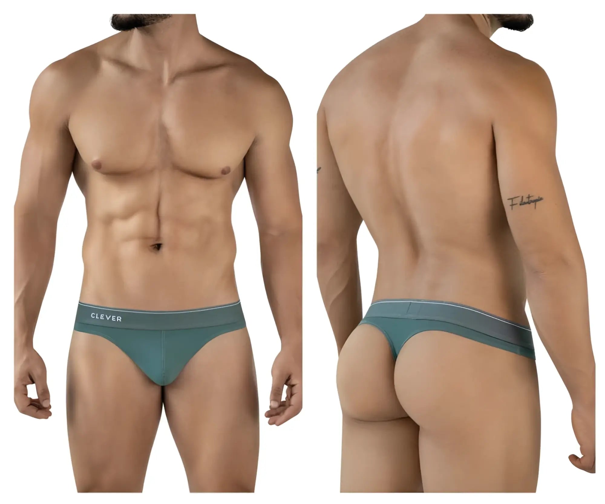 Teal clever 2044 mendoza thongs with a subtle white stripe on waistband showing the back side of the briefs