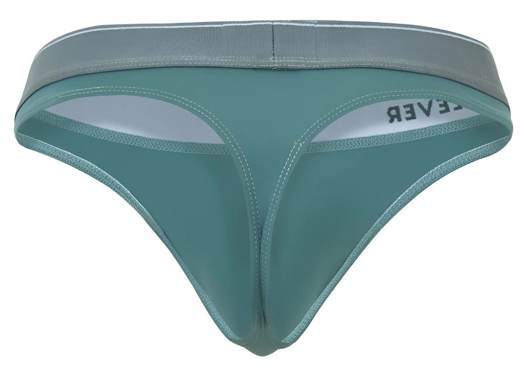 Teal-colored clever 2044 Mendoza thong with gray elastic waistband white inner lining and lever branding on the side