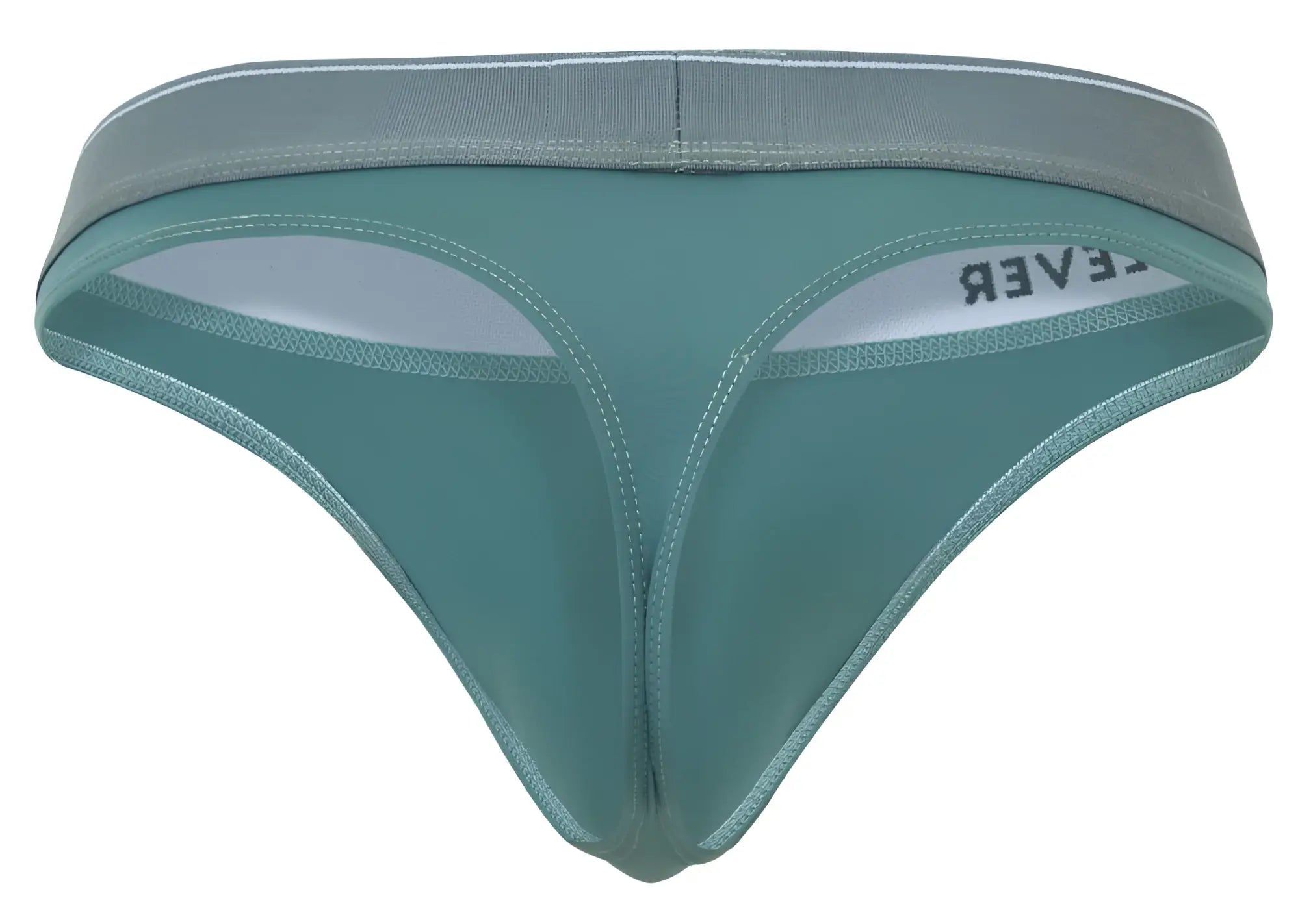 Teal-colored clever 2044 Mendoza thong with gray elastic waistband white inner lining and lever branding on the side