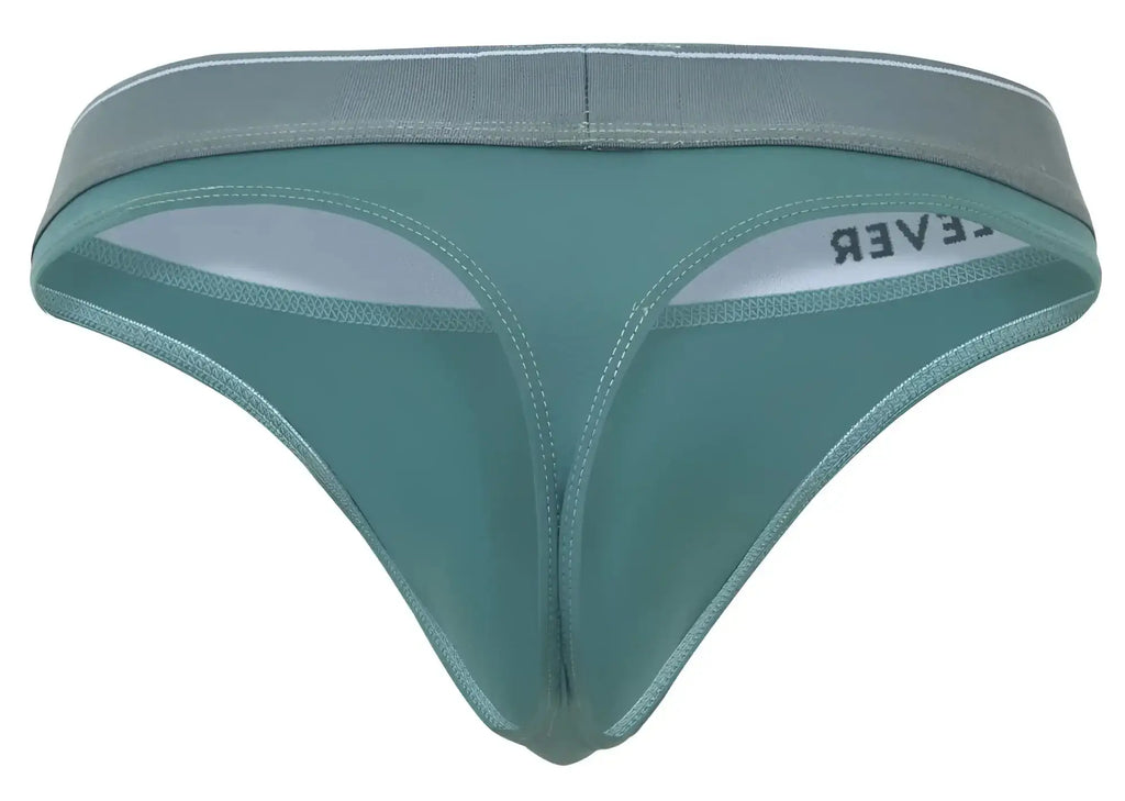 Teal-colored clever 2044 Mendoza thong with gray elastic waistband white inner lining and lever branding on the side