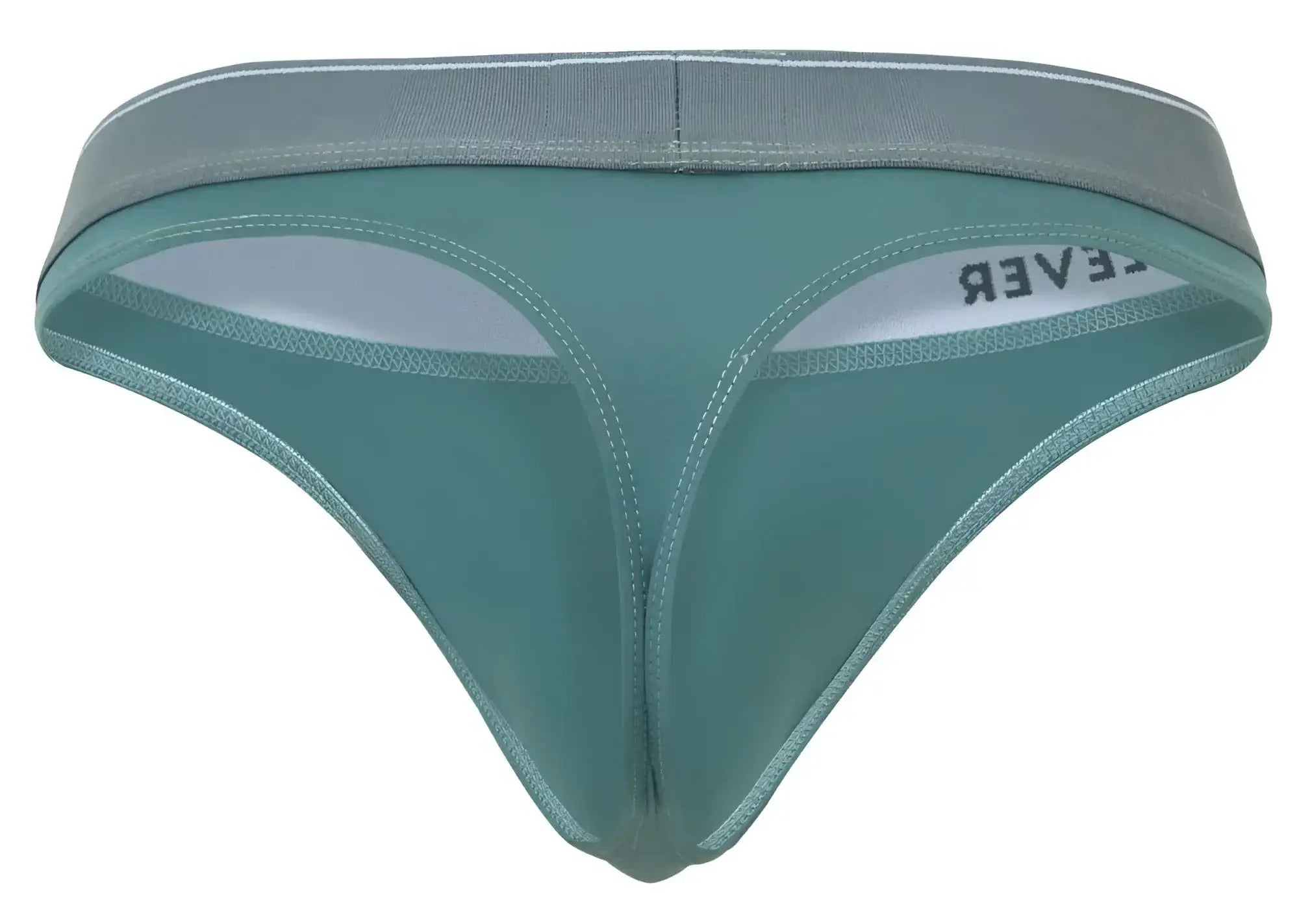 Teal-colored clever 2044 Mendoza thong with gray elastic waistband white inner lining and lever branding on the side