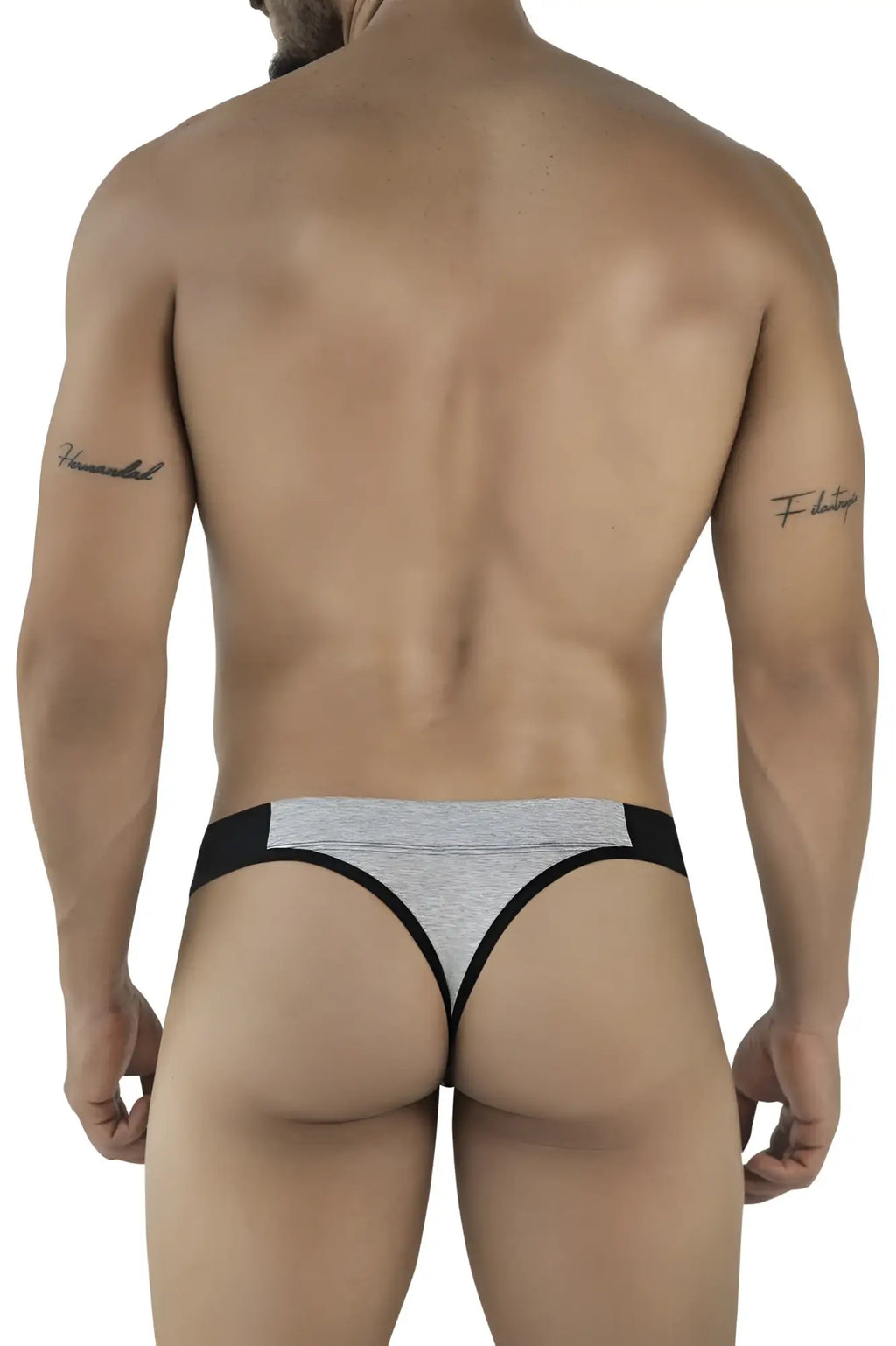 Gray and black clever 2046 catamarca thong with textured fabric waistband shown from the back in dark gray color