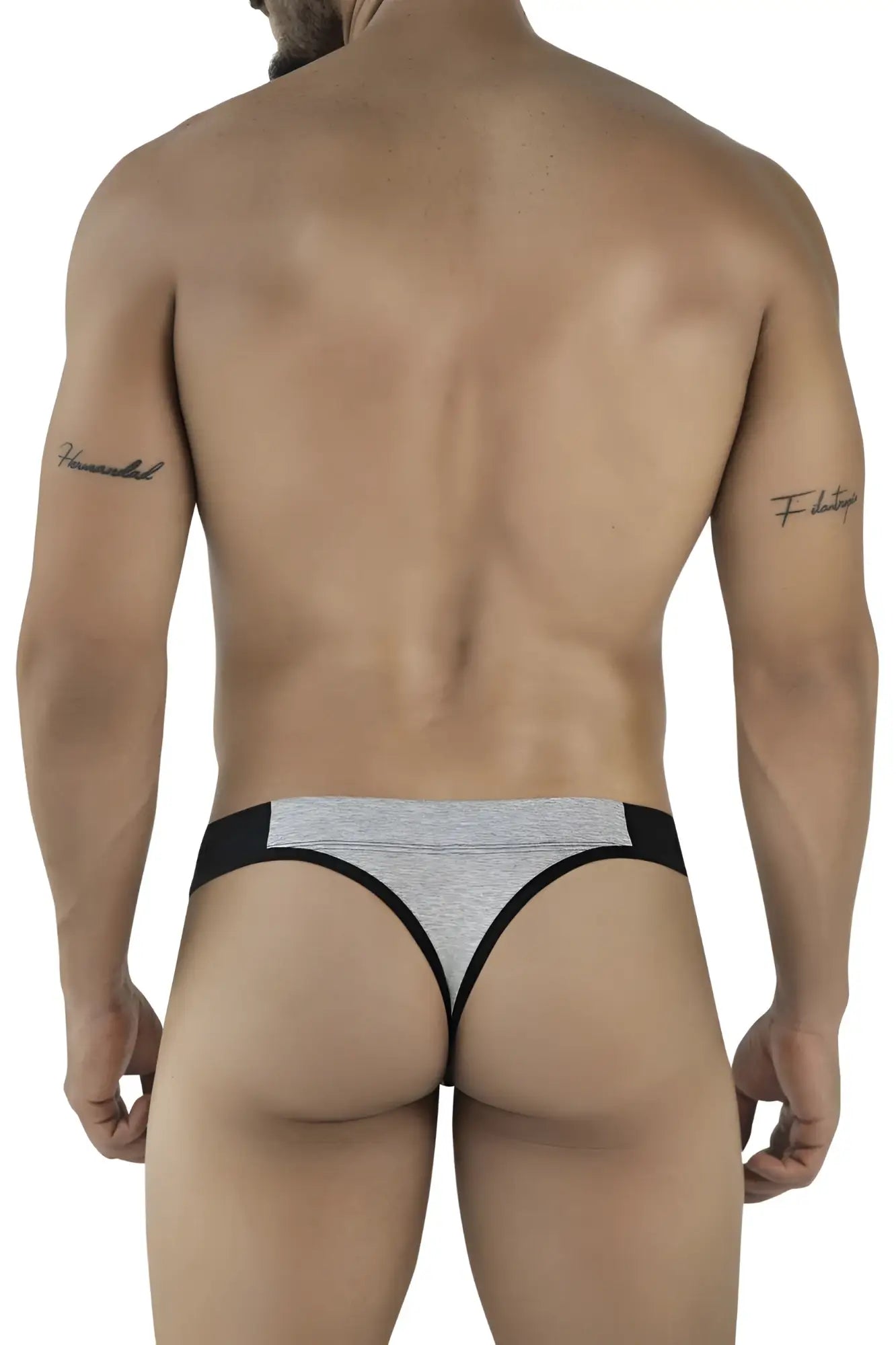 Gray and black clever 2046 catamarca thong with textured fabric waistband shown from the back in dark gray color