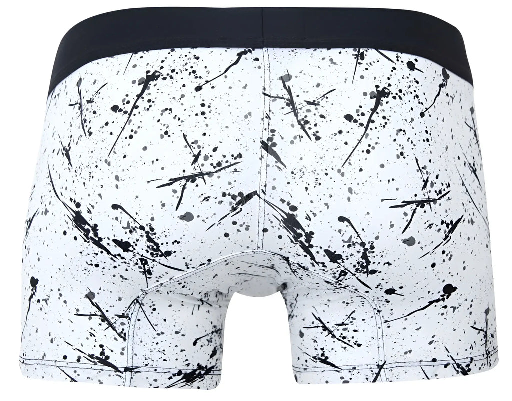 White boxer briefs clever 2050 brochazos trunks with black paint splatter pattern and solid black waistband