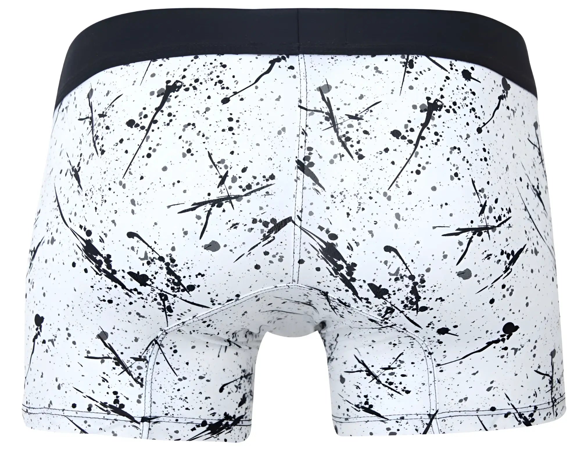White boxer briefs clever 2050 brochazos trunks with black paint splatter pattern and solid black waistband