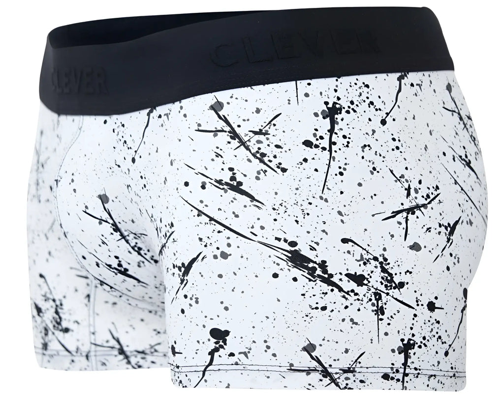 White boxer briefs with black paint splatter and a solid black waistband featuring the clever brand name