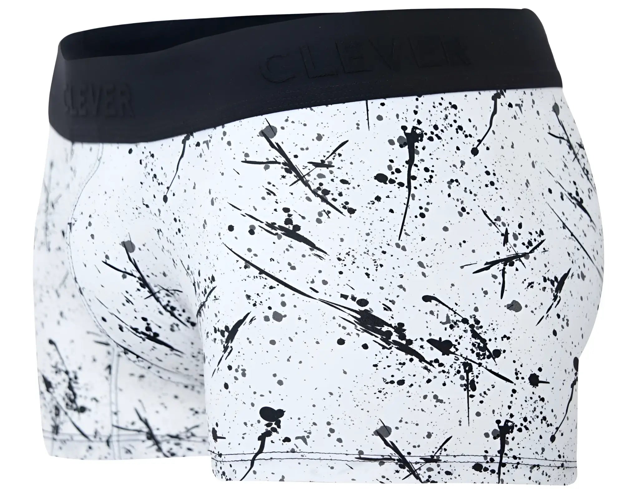 White boxer briefs with black paint splatter and a solid black waistband featuring the clever brand name