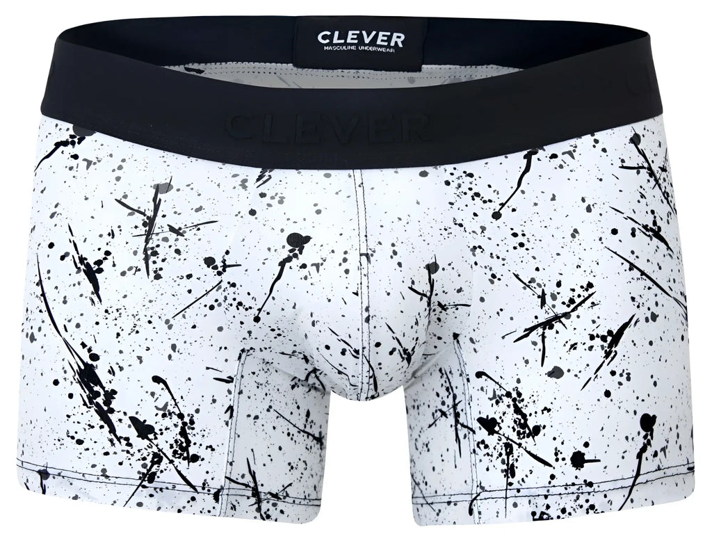 White boxer briefs with black splatter paint design and solid black waistband featuring clever brand label