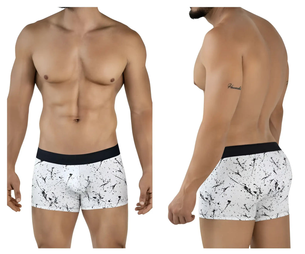 White boxer briefs clever 2050 brochazos trunks with black splatter pattern and solid black waistband