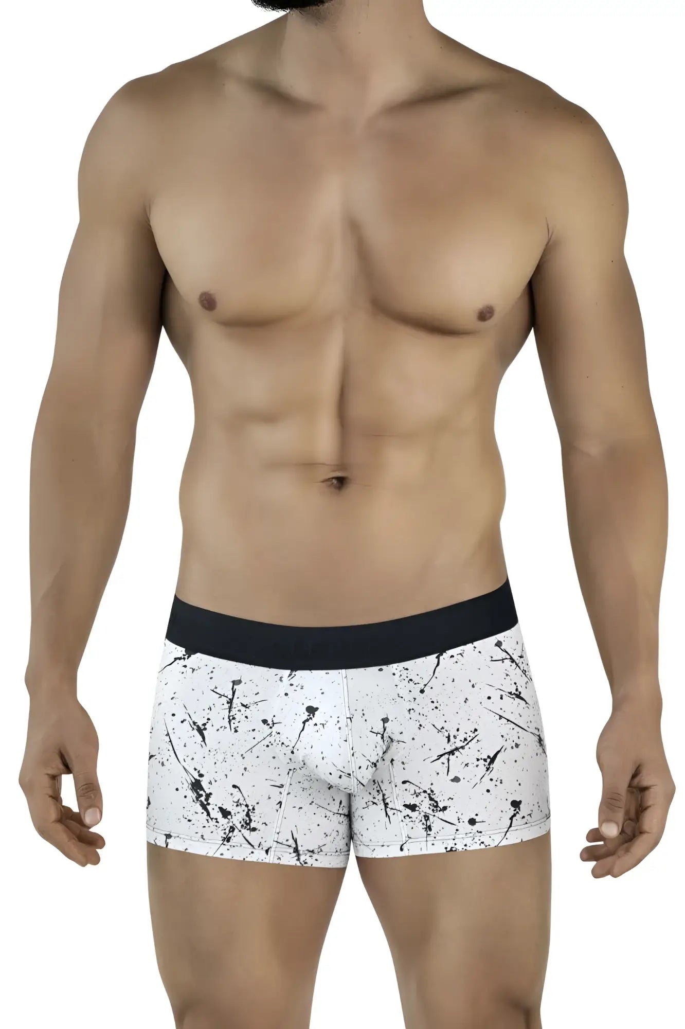 White boxer briefs clever 2050 brochazos trunks with black splatter pattern and solid black waistband for everyday use