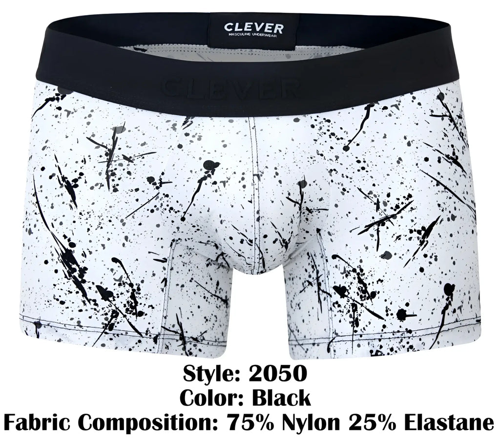 Clever 2050 brochazos black boxer briefs with white splatter pattern and black elastic waistband featuring Clever label
