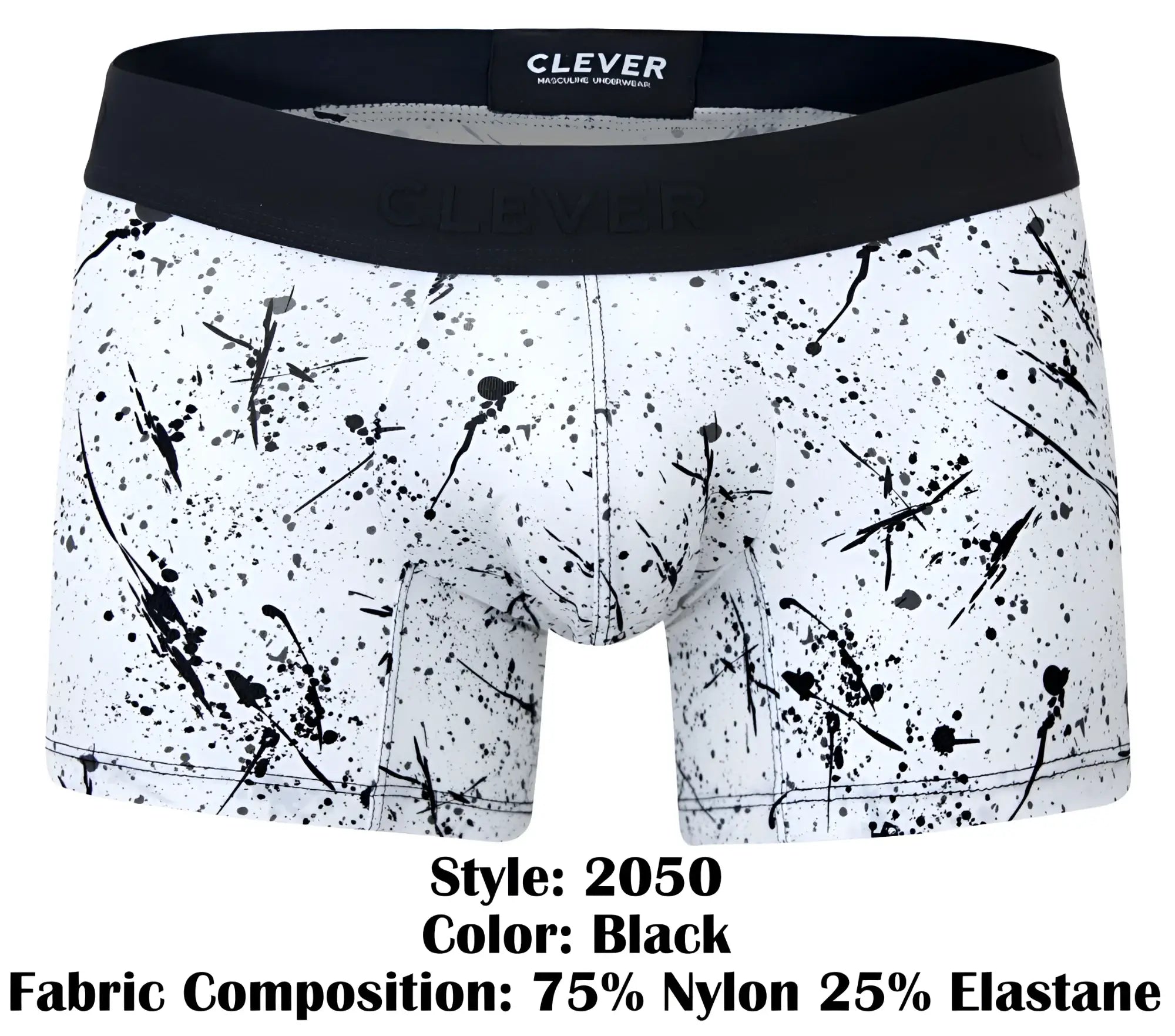 Clever 2050 brochazos black boxer briefs with white splatter pattern and black elastic waistband featuring Clever label