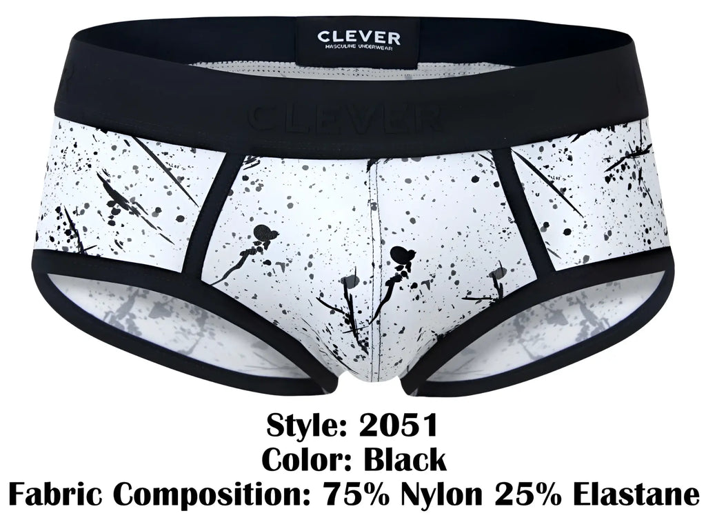 Black splatter-patterned men’s briefs clever 2051 brochazos with black waistband made of 75 nylon 25 elastane