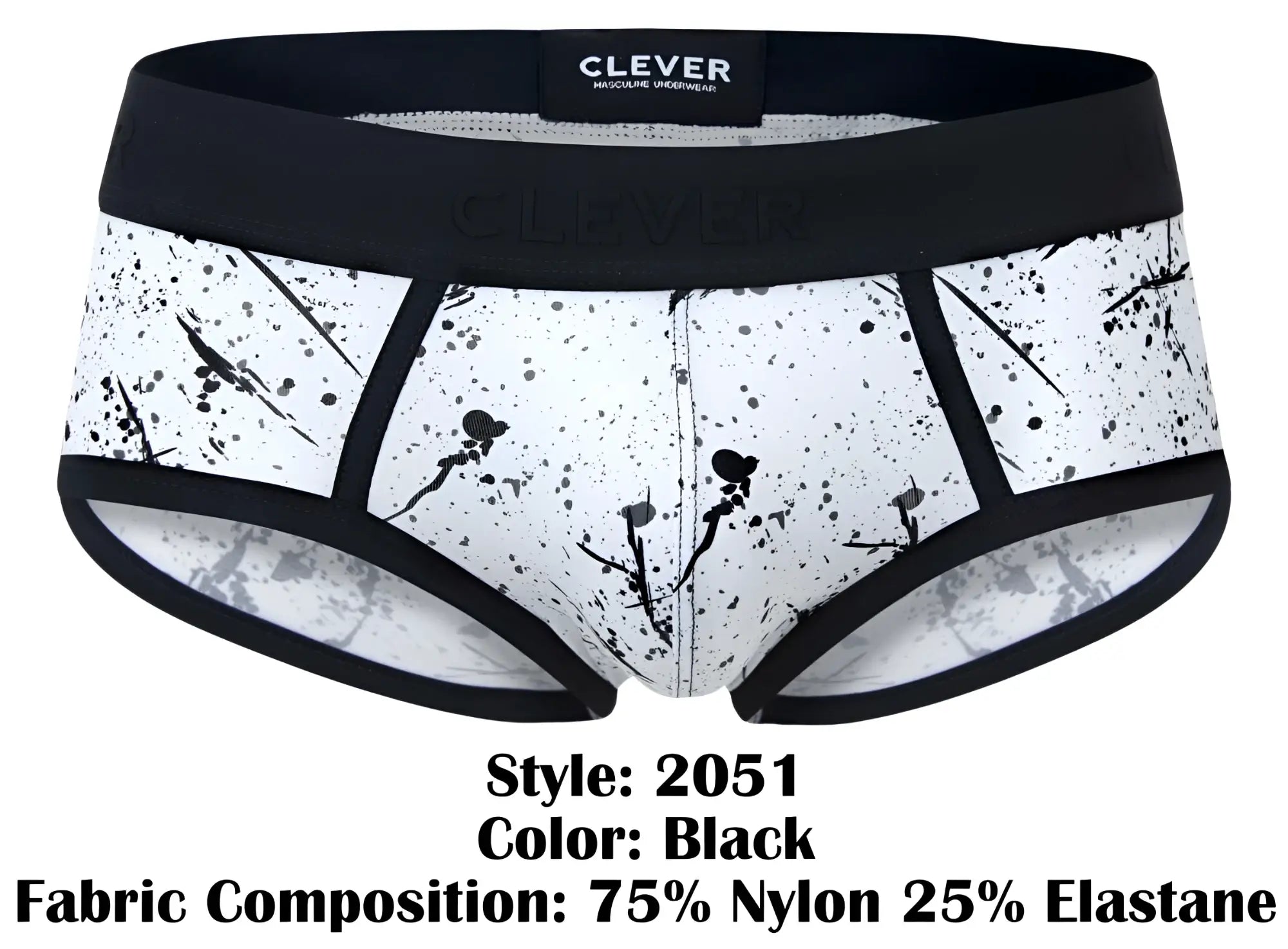 Black splatter-patterned men’s briefs clever 2051 brochazos with black waistband made of 75 nylon 25 elastane