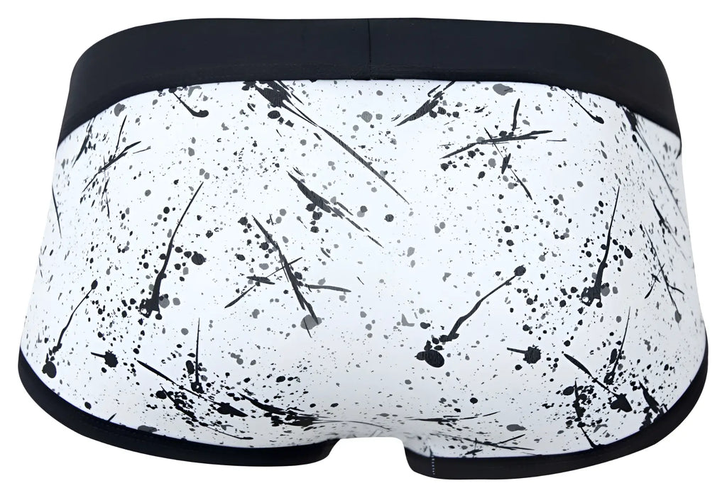 White briefs clever 2051 brochazos with black paint splatter pattern and solid black waistband in color black