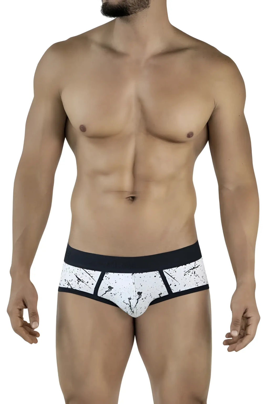 White clever 2051 brochazos briefs black waistband with black splatter design for comfortable everyday wear