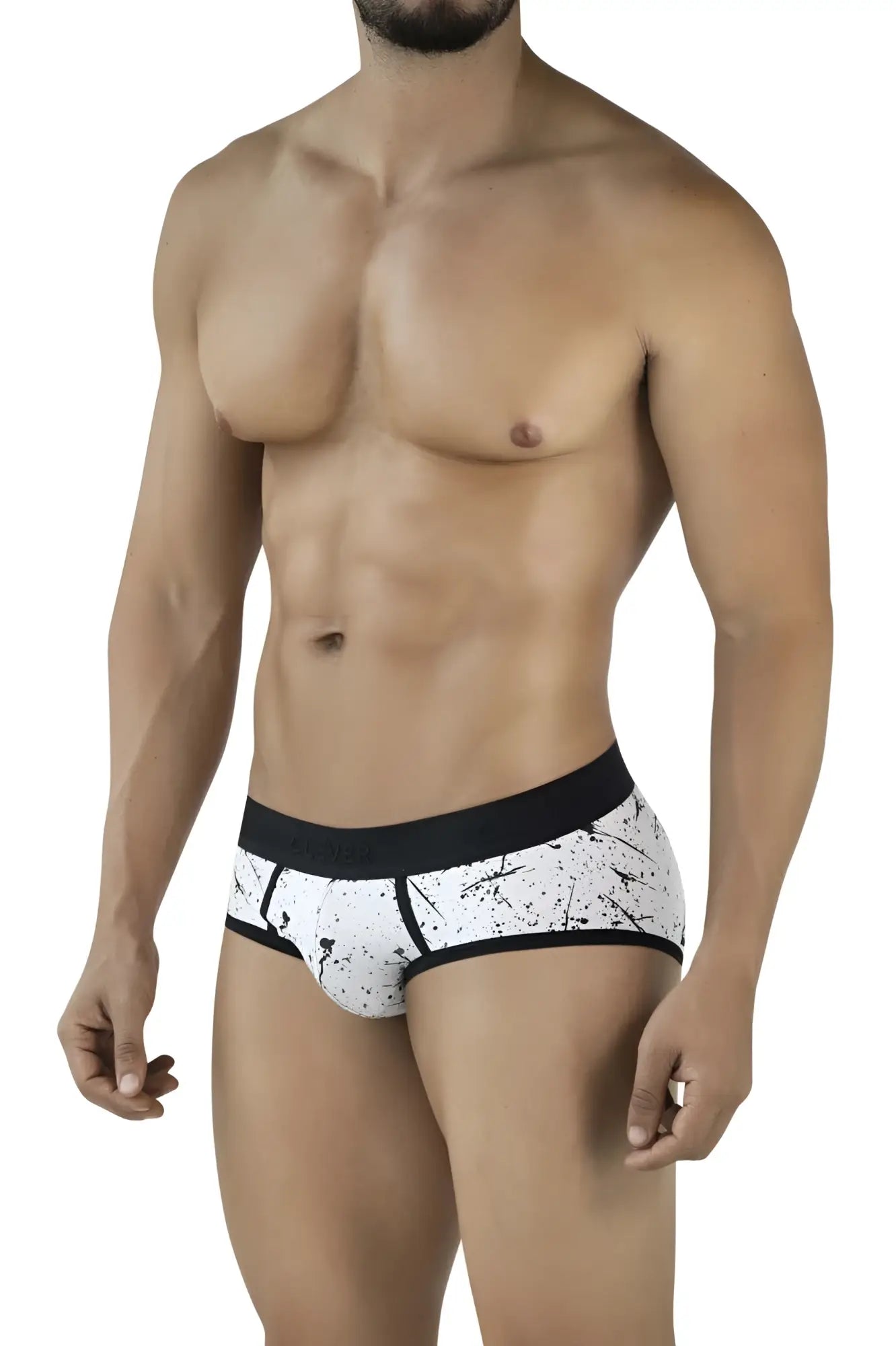 White briefs with black splatter pattern and solid black waistband from clever 2051 brochazos briefs color black collection