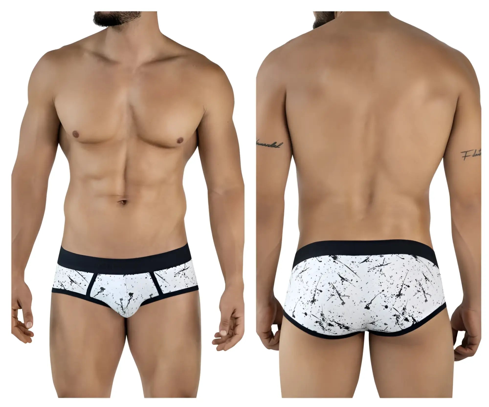 White briefs clever 2051 brochazos with black splatter pattern and solid black waistband for everyday comfort