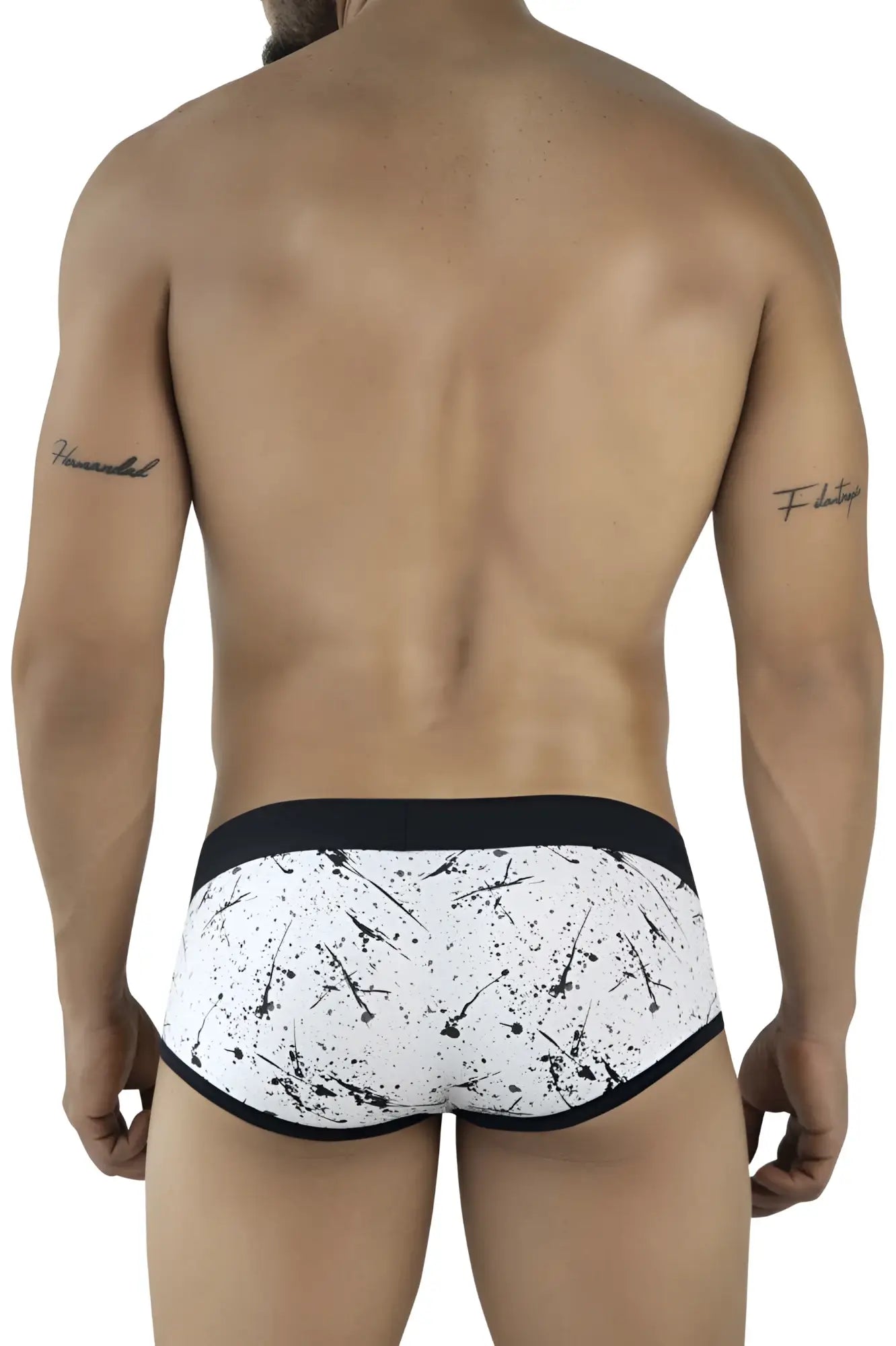 White clever 2051 brochazos briefs with black splatter pattern and contrasting black waistband