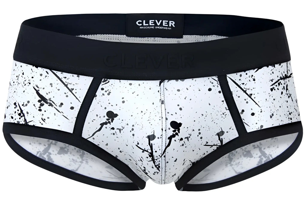 Clever 2051 brochazos briefs black men’s black and white splatter patterned cotton briefs with black elastic waistband