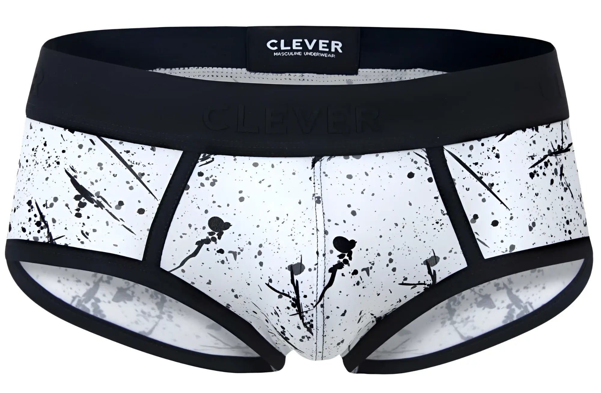 Clever 2051 brochazos briefs black men’s black and white splatter patterned cotton briefs with black elastic waistband