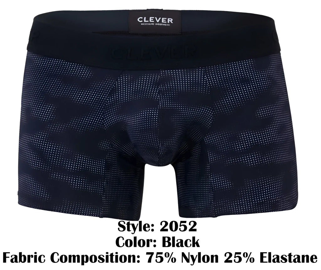 Black boxer briefs clever 2052 militar trunks with subtle dot-patterned camouflage and branded elastic waistband