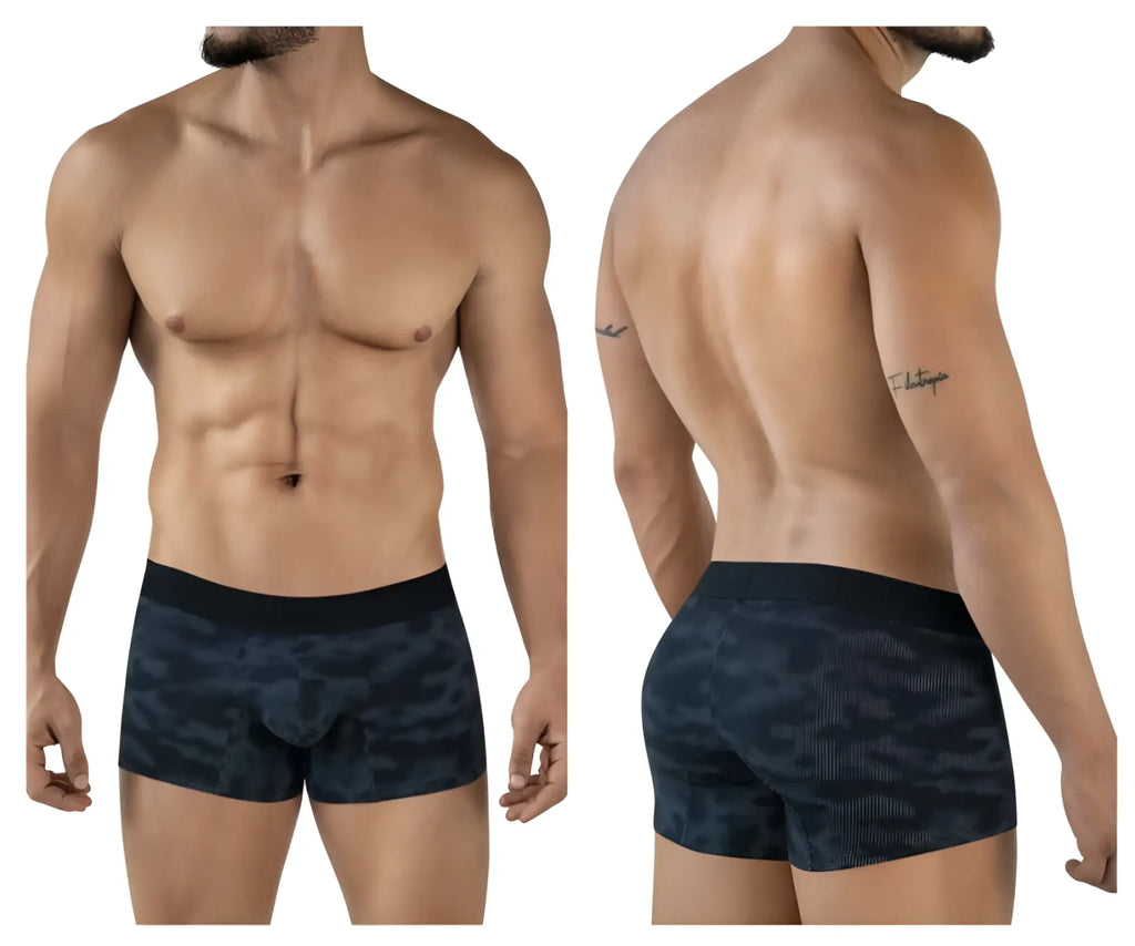 Black camouflage patterned men’s boxer briefs with solid black waistband clever 2052 militar trunks color black