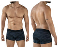 Black camouflage patterned men’s boxer briefs with solid black waistband clever 2052 militar trunks color black