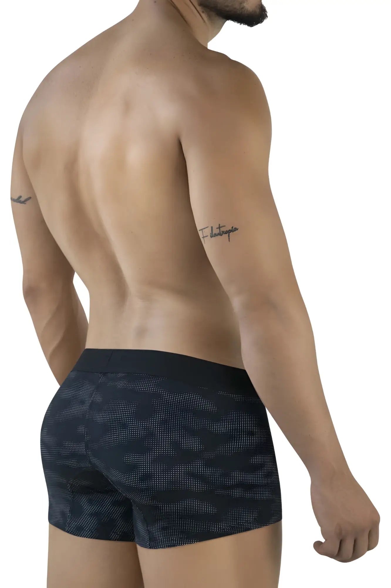 Black and gray camouflage men’s boxer briefs with solid black waistband from Clever 2052 Militar trunks color black
