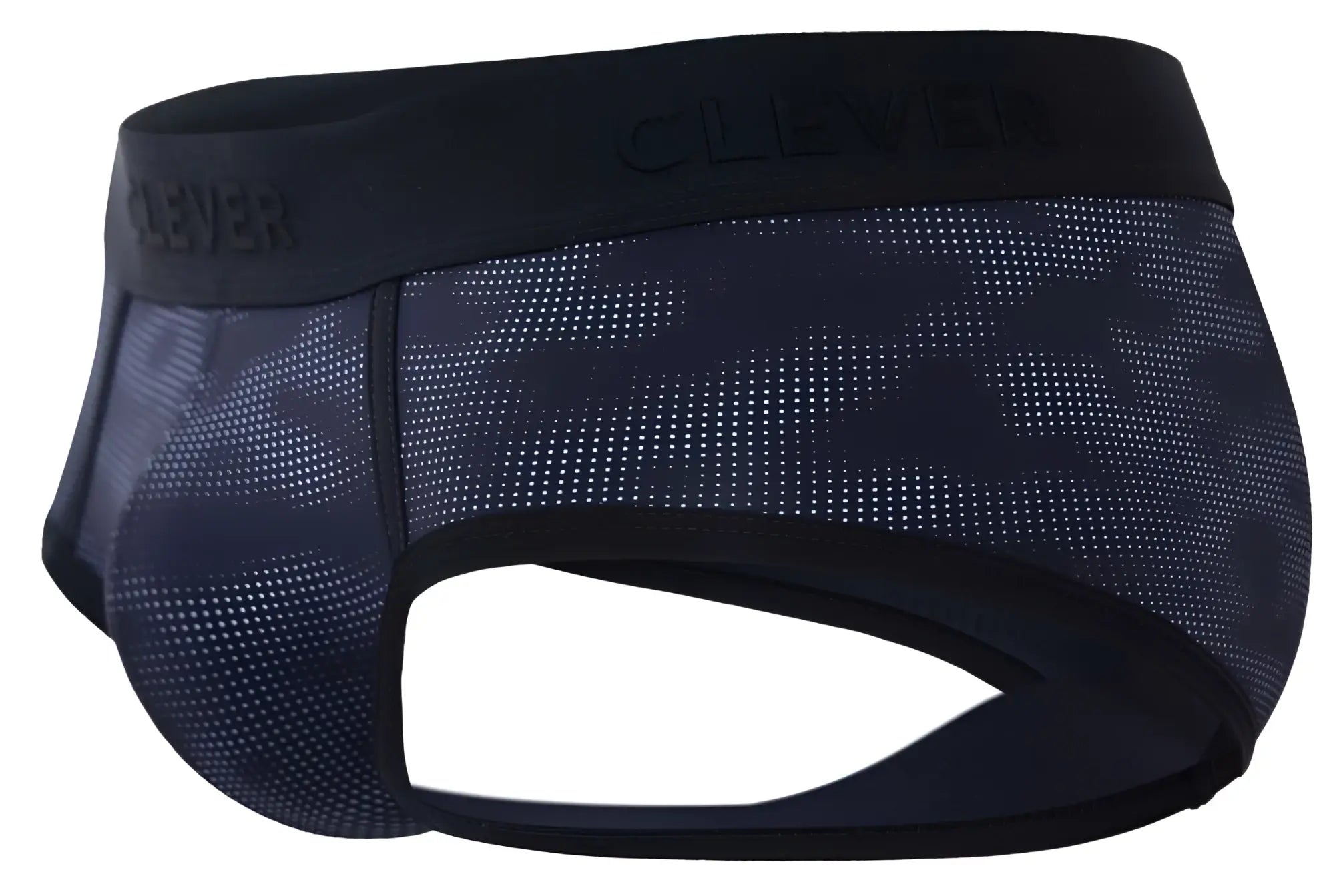 Clever 2053 militar black athletic briefs with dark blue camouflage pattern perforated mesh fabric and embossed waistband