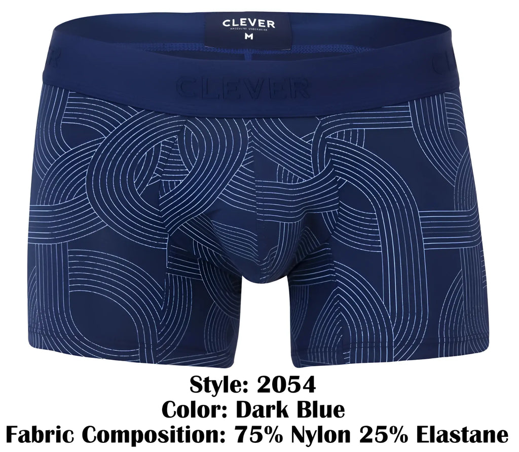 Dark blue clever 2054 navy trunks men’s boxer briefs with subtle white geometric pattern and branded waistband