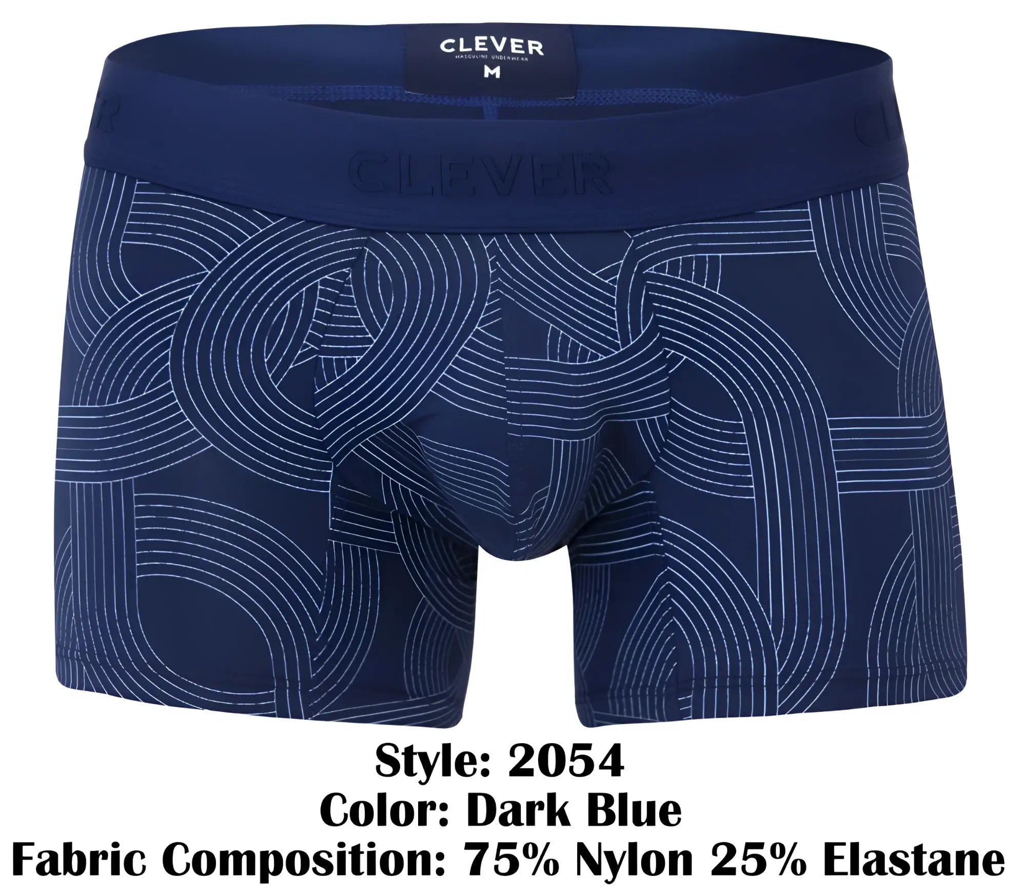 Dark blue clever 2054 navy trunks men’s boxer briefs with subtle white geometric pattern and branded waistband