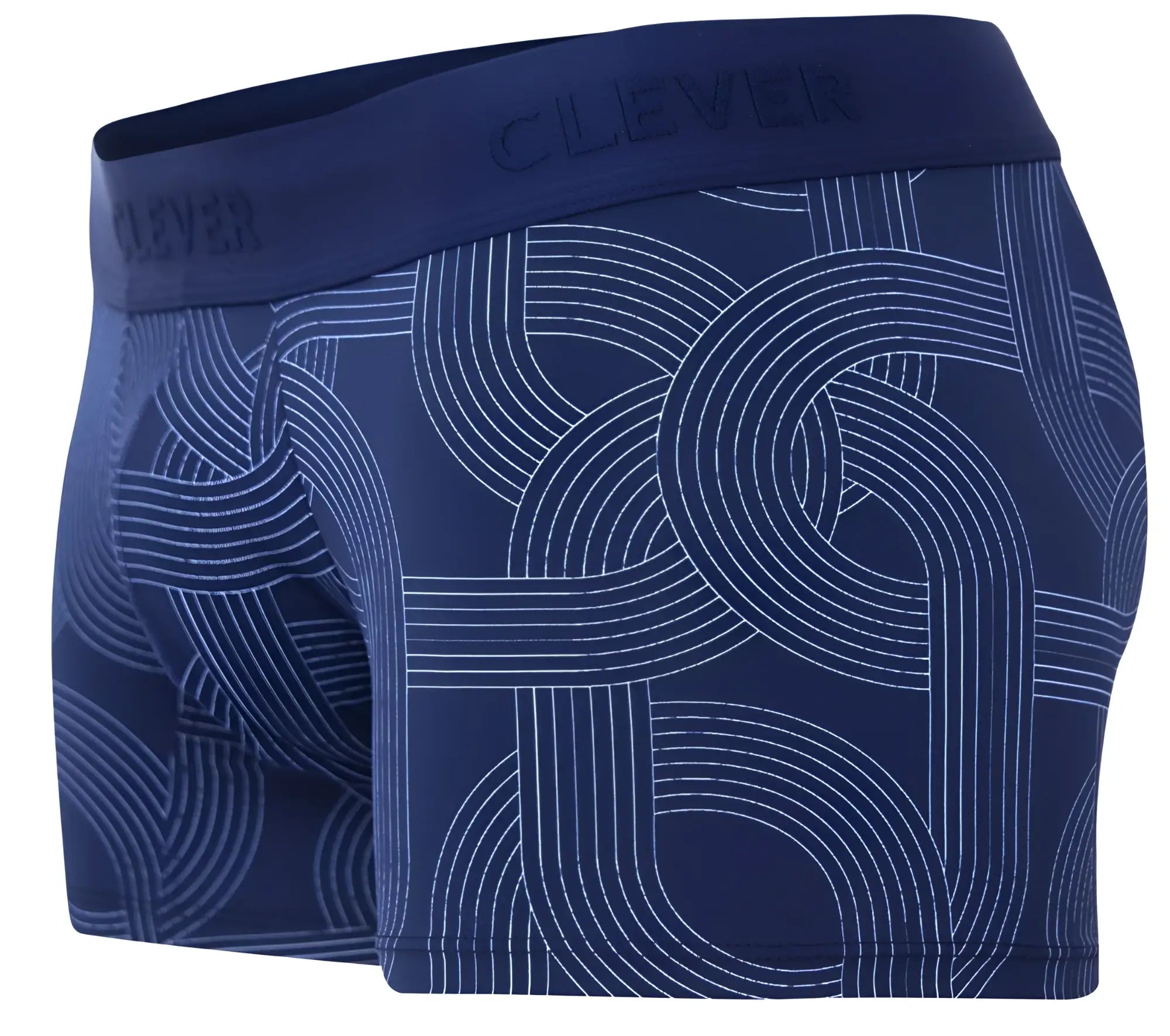 Navy 2054 trunks with white geometric lines and clever branded waistband men’s boxer briefs in dark blue