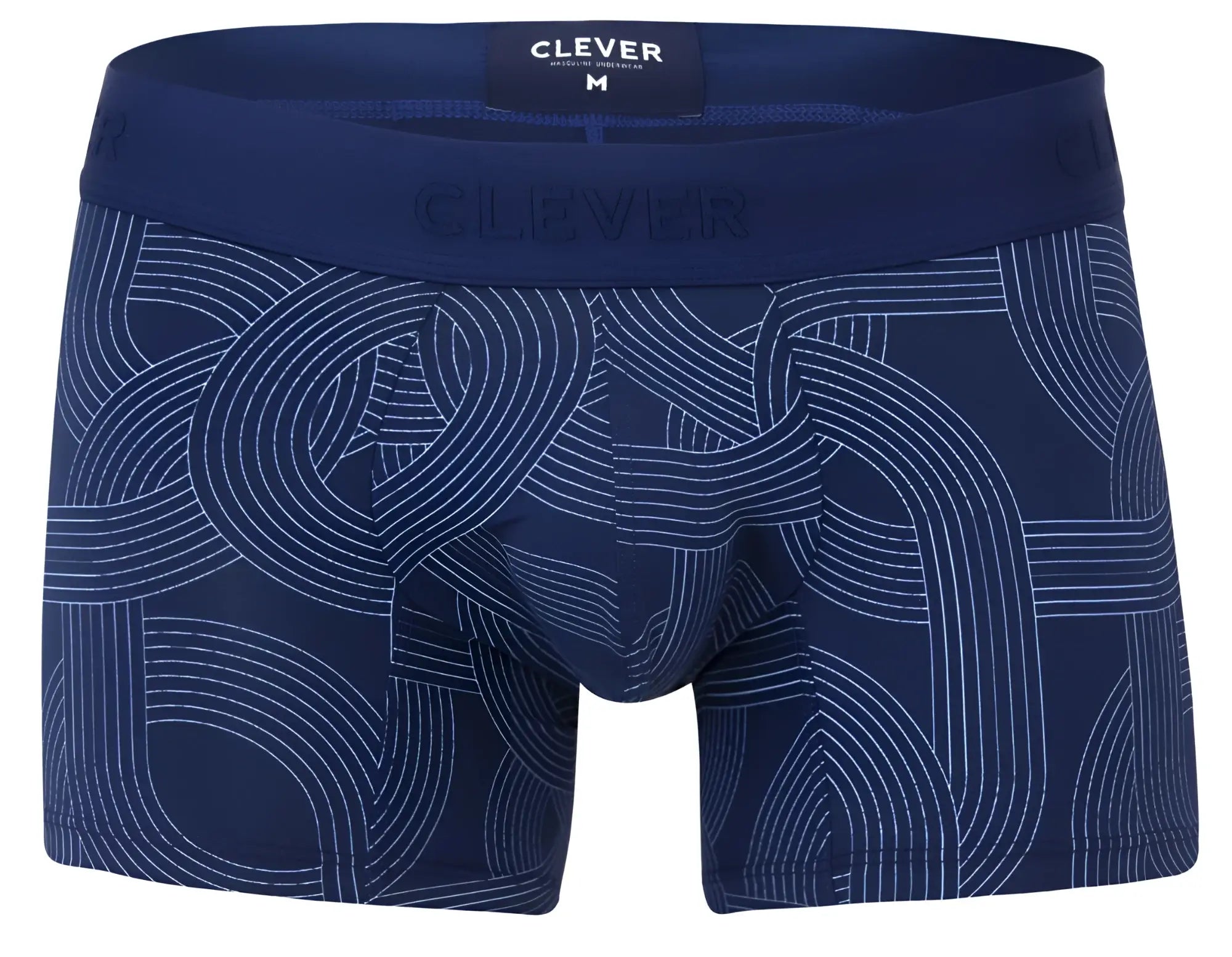 Navy blue clever 2054 men’s boxer briefs with white geometric line pattern and clever branded waistband