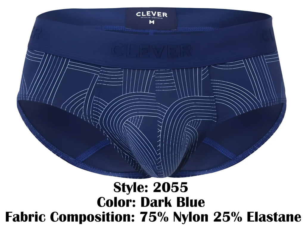 Dark blue clever 2055 mens briefs with a subtle white geometric pattern and elastic waistband with clever label