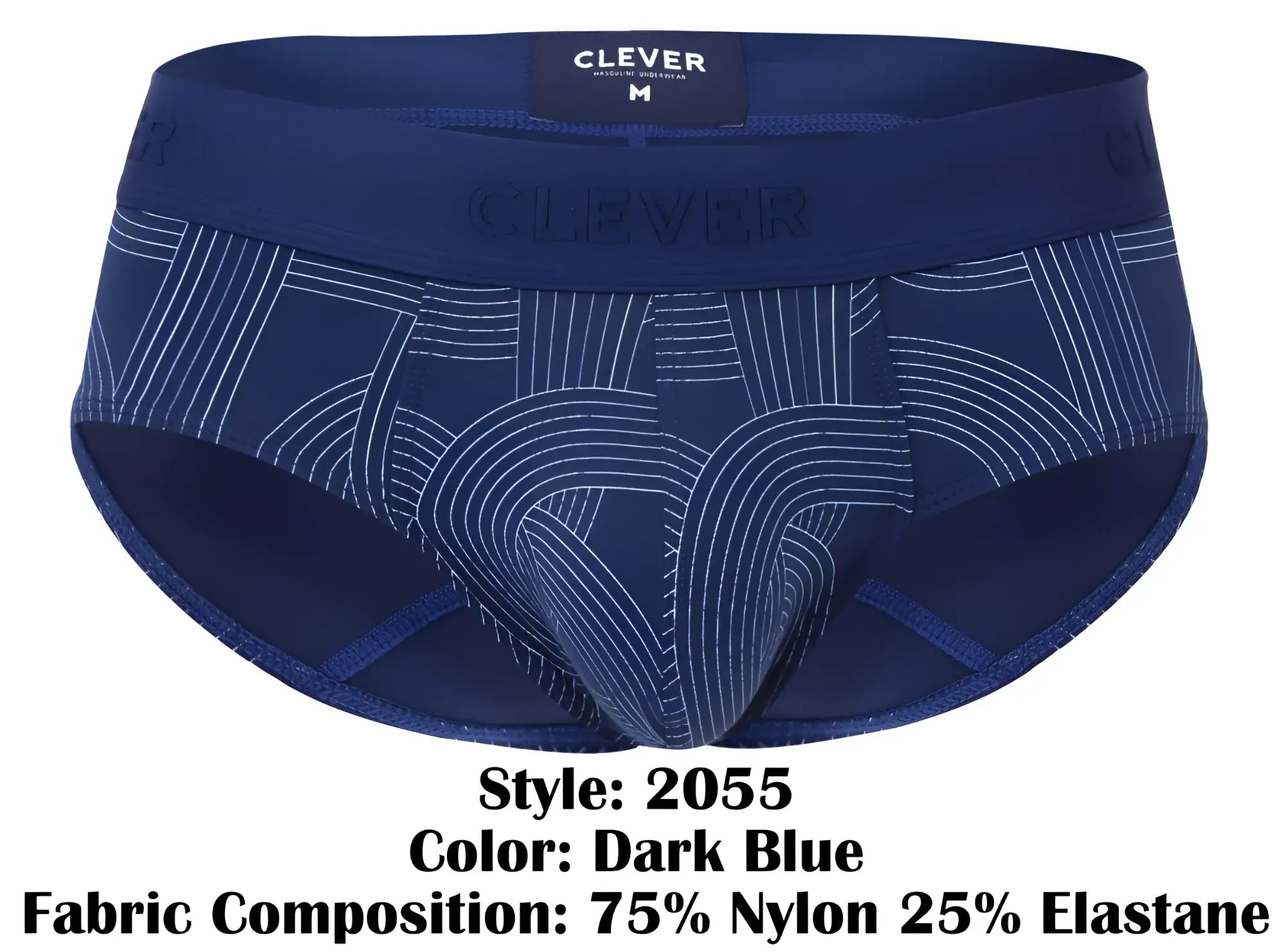 Dark blue clever 2055 mens briefs with a subtle white geometric pattern and elastic waistband with clever label