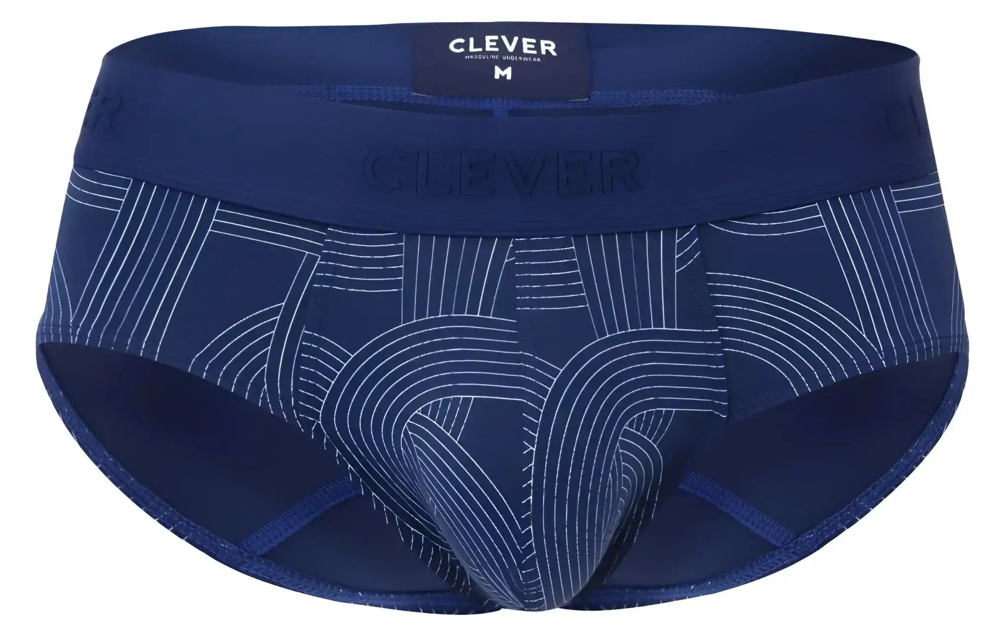 Navy briefs with white geometric lines and clever branding on waistband in dark blue color for men