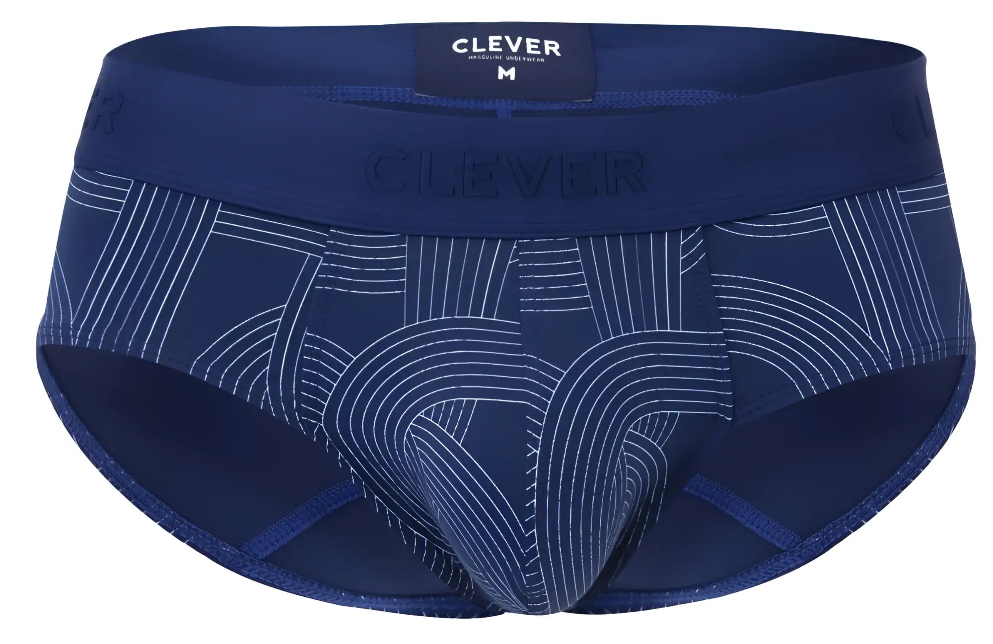 Navy briefs with white geometric lines and clever branding on waistband in dark blue color for men