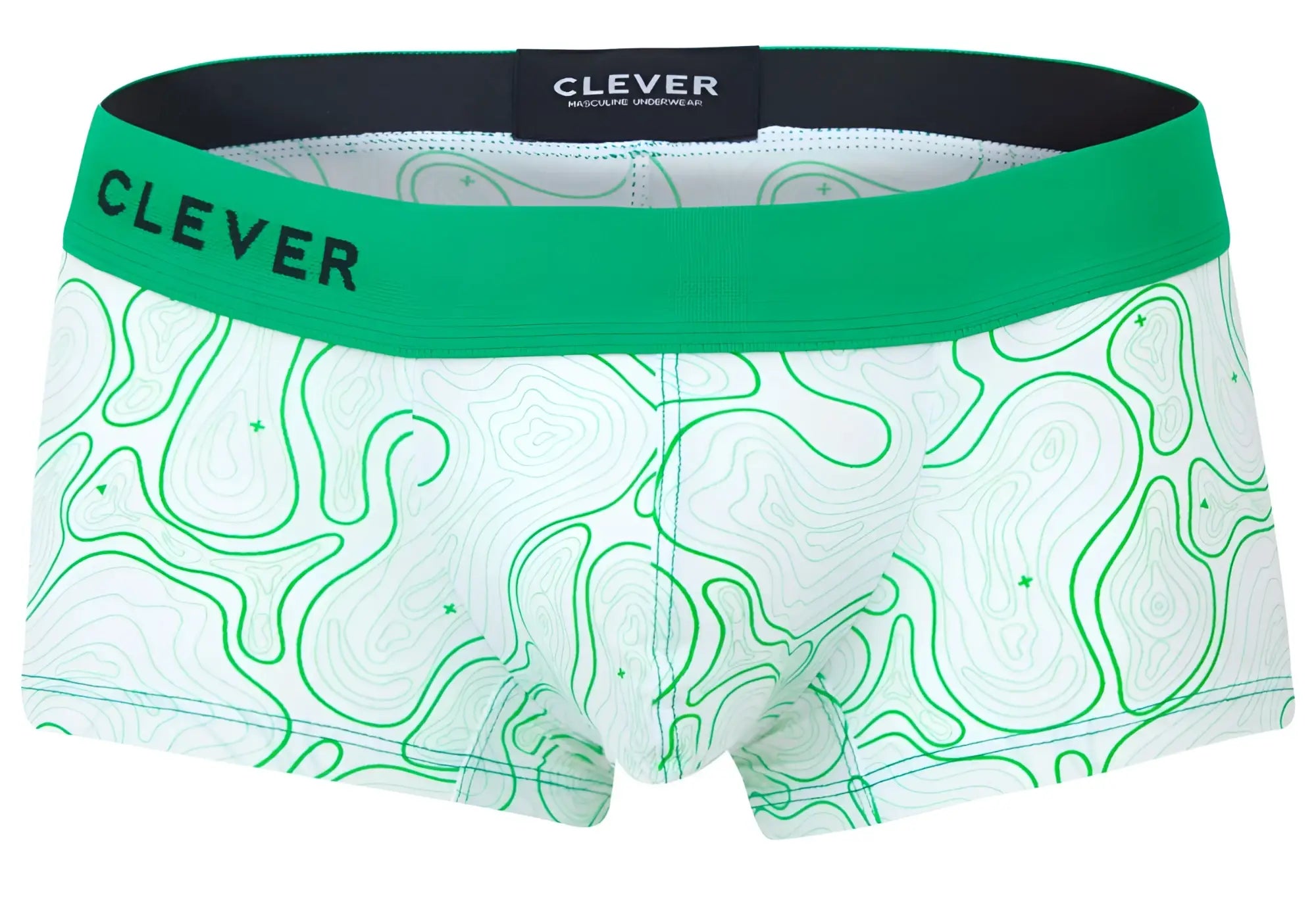 White boxer briefs with green topographic map pattern and bright green waistband from clever 2056 maze trunks color green