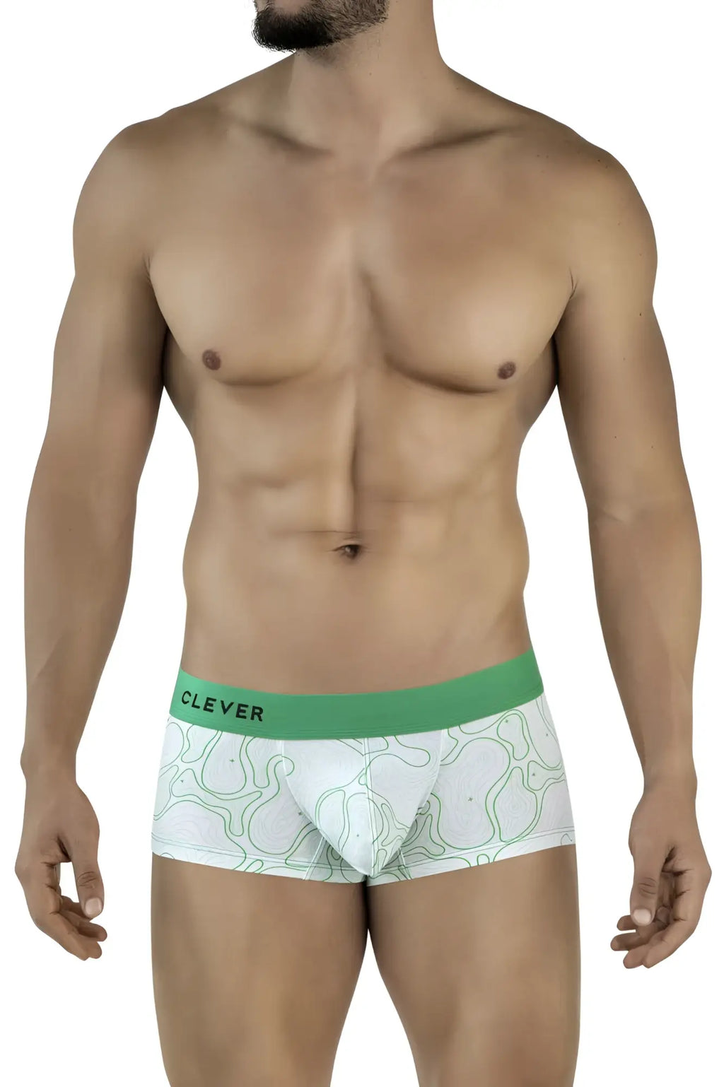 White boxer briefs with green waistband and light green maze pattern by Clever in style 2056 Maze Trunks Color Green