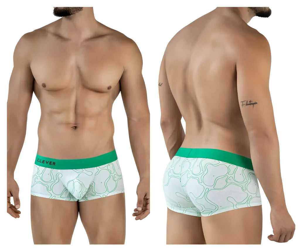 White boxer briefs clever 2056 maze trunks with green waistband and light green abstract pattern on front