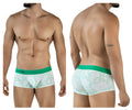 White boxer briefs clever 2056 maze trunks with green waistband and light green abstract pattern on front