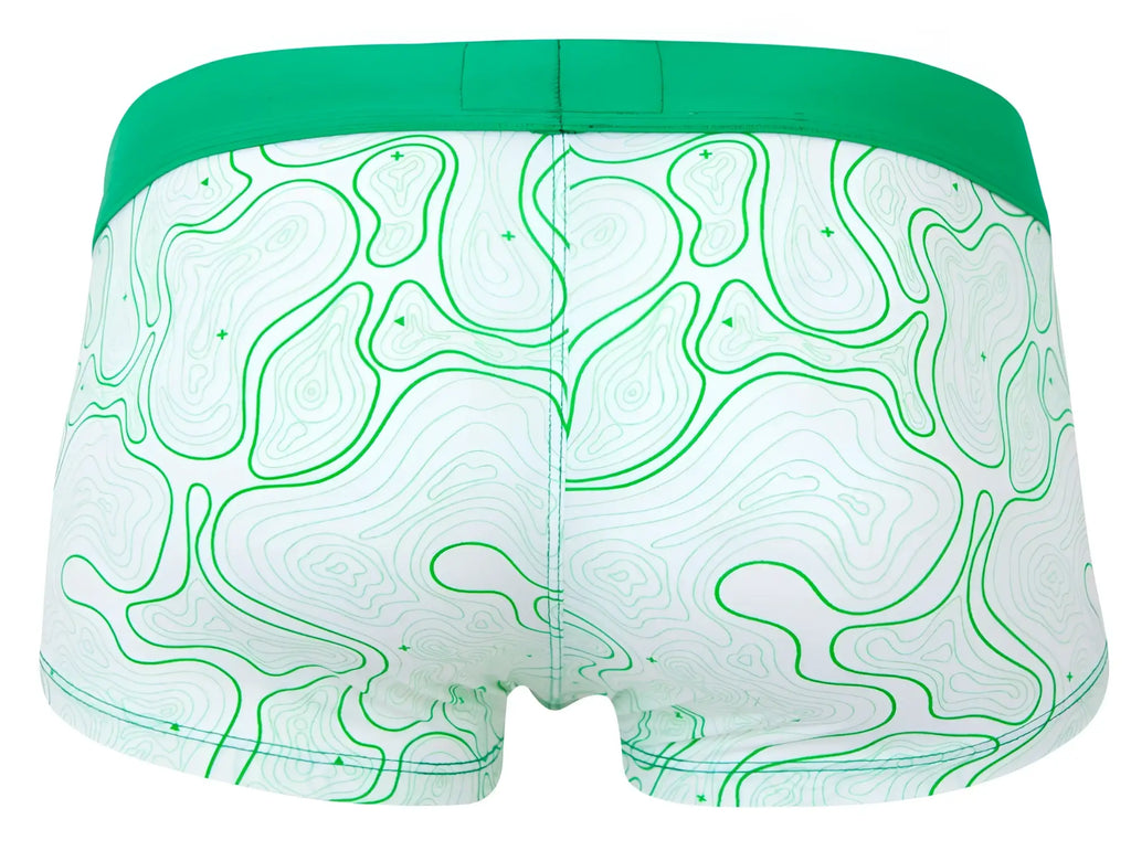White briefs clever 2056 maze trunks in green with a topographic map pattern and solid green waistband