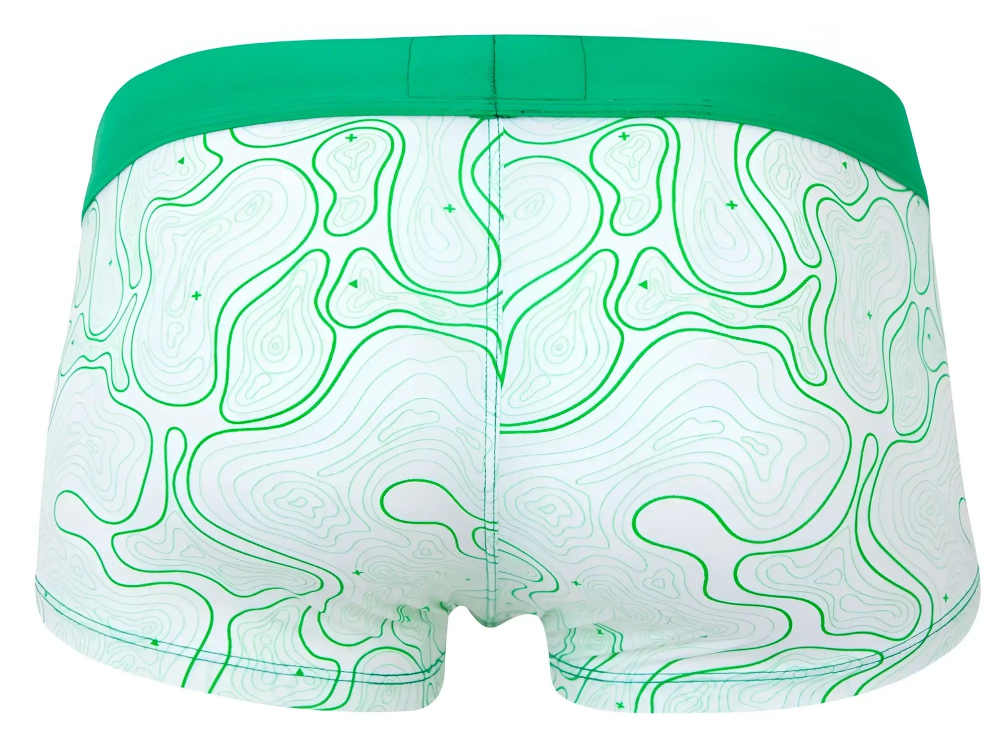 White briefs clever 2056 maze trunks in green with a topographic map pattern and solid green waistband
