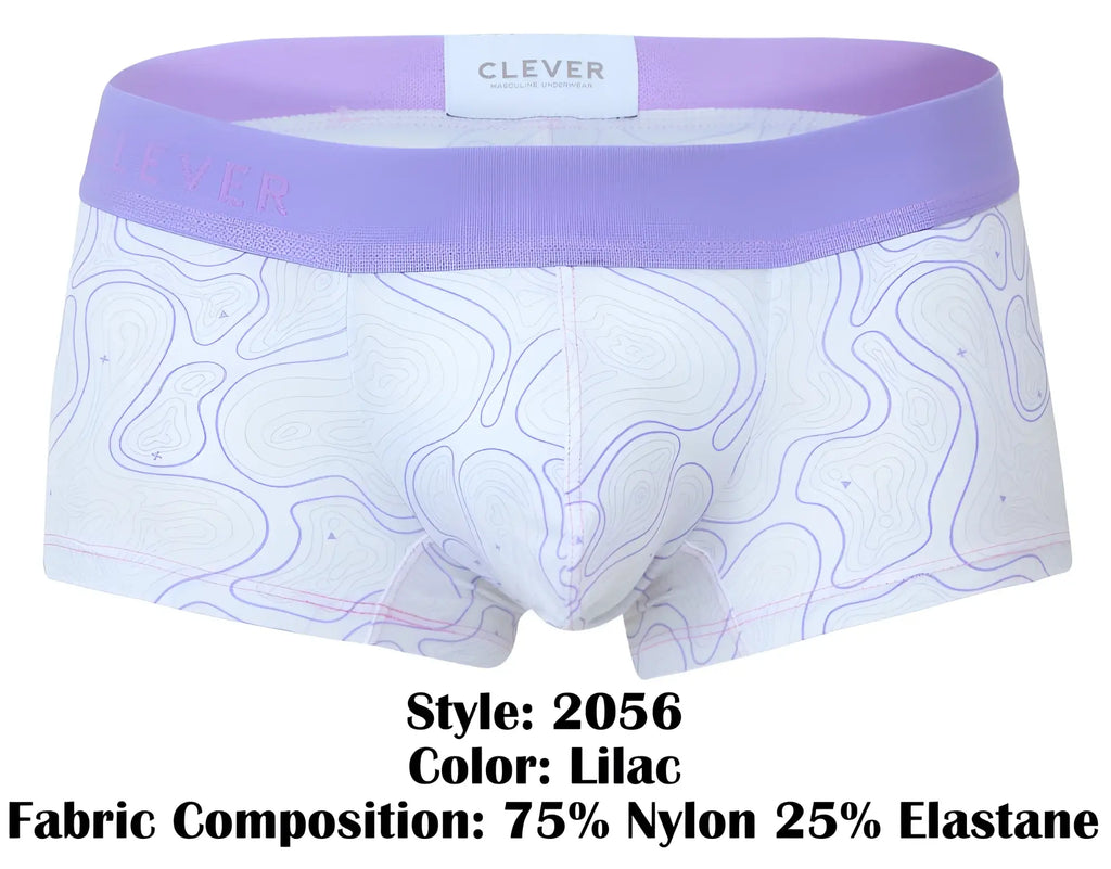 Clever 2056 maze trunks lilac men’s briefs with white base purple contour lines and matching lilac elastic waistband