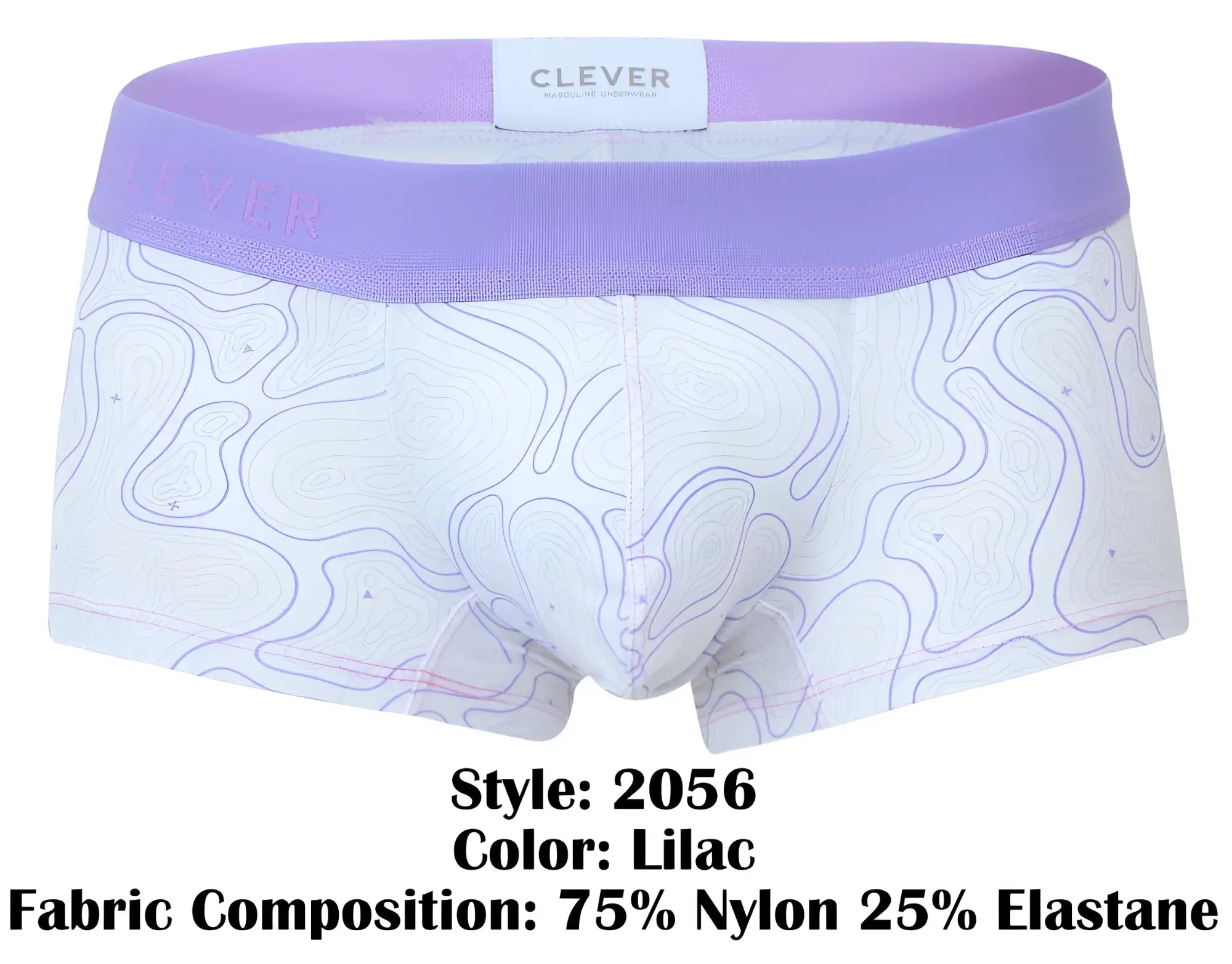 Clever 2056 maze trunks lilac men’s briefs with white base purple contour lines and matching lilac elastic waistband