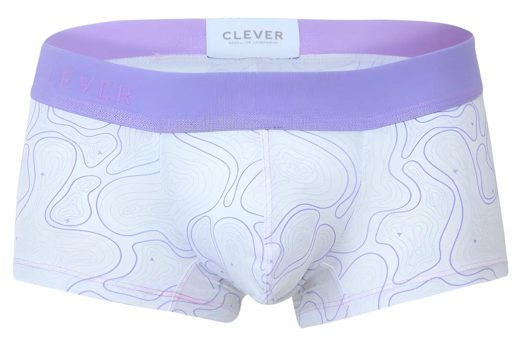 White boxer briefs with lavender waistband and purple contour lines featuring clever brand label in lilac color